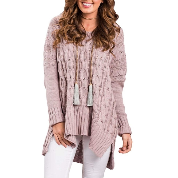 Dusty Mauve Cable Knit V-Neck Side Split Sweater - Picture 1 of 6